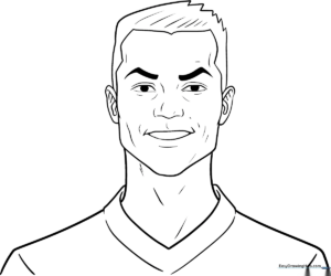Black and white line art illustration of Cristiano Ronaldo, featuring clear outlines for easy coloring by children.