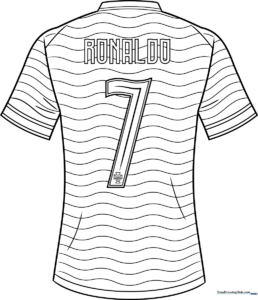 Black and white line art of a soccer jersey featuring the Portugal team crest, ready for children to color with markers or crayons.