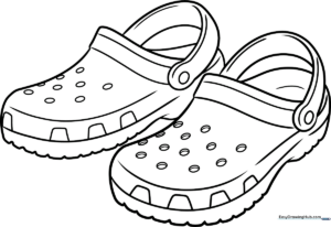 Black and white line art of a classic clog shoe with circular ventilation holes and a heel strap, ready for coloring.