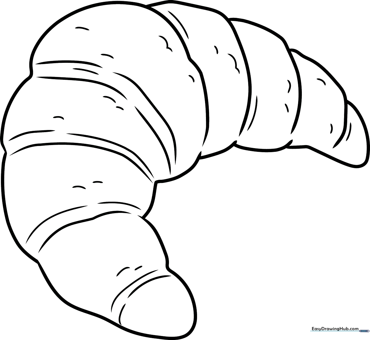 A simple line-art illustration of a crescent-shaped croissant with clear outlines, designed for children to color.