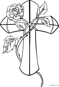 Black and white line art of a Christian cross intertwined with a blooming rose, designed for educational coloring activities.