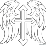 Black and white line art of a cross with large, feathered wings, designed for children to color with markers or crayons.