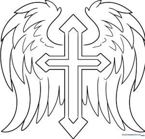 Black and white line art of a cross with large, feathered wings, designed for children to color with markers or crayons.