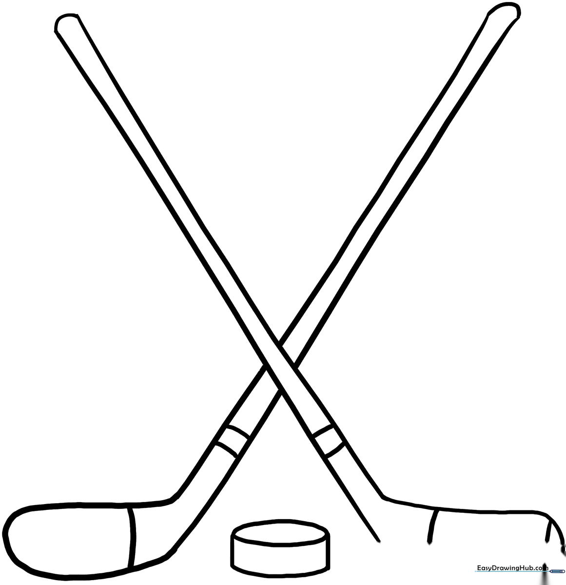 Black and white line art of two hockey sticks crossed in an X shape, featuring clear outlines for easy coloring by children.