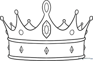 Black and white line art of a regal crown with five points and circular jewels, designed for children to color.