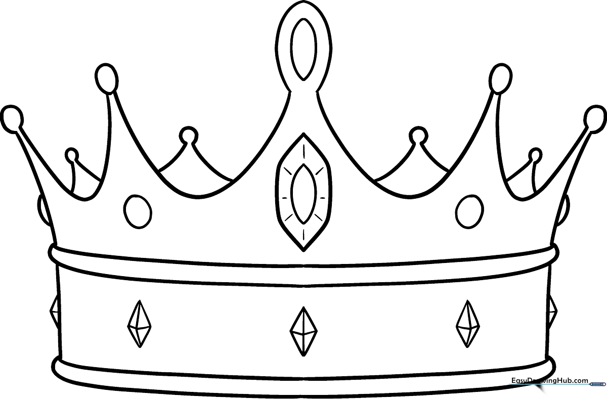 Black and white line art of a regal crown with five points and circular jewels, designed for children to color.