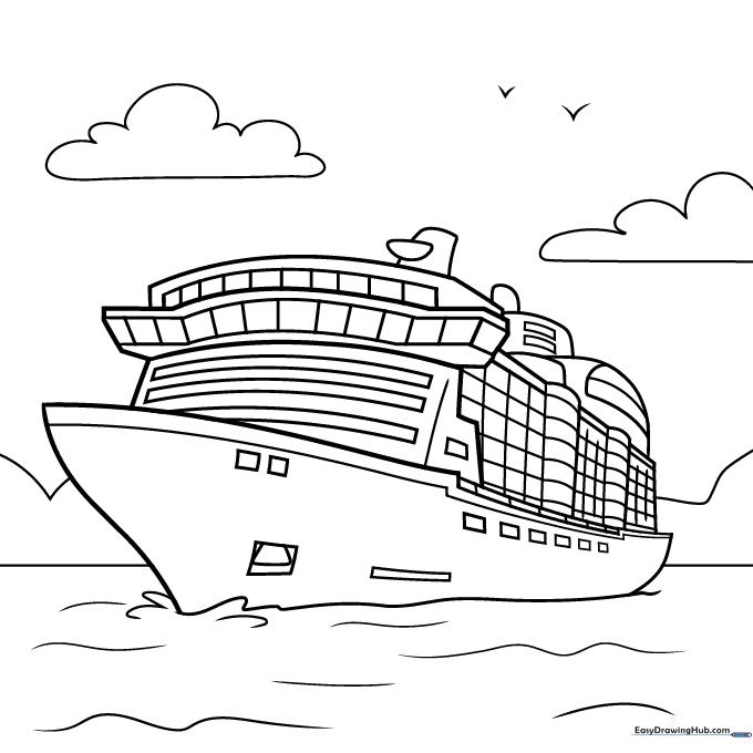 Black and white line art of a cruise ship with multiple decks, large windows, and a smokestack, ready for children to color.