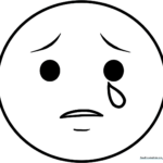 A clean, bold-line drawing of a crying emoji with large teardrops, designed for children to color with markers or crayons.