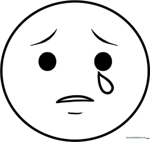 A clean, bold-line drawing of a crying emoji with large teardrops, designed for children to color with markers or crayons.