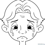 Black and white line art of a face with tears, designed for children to color and practice emotional expression.