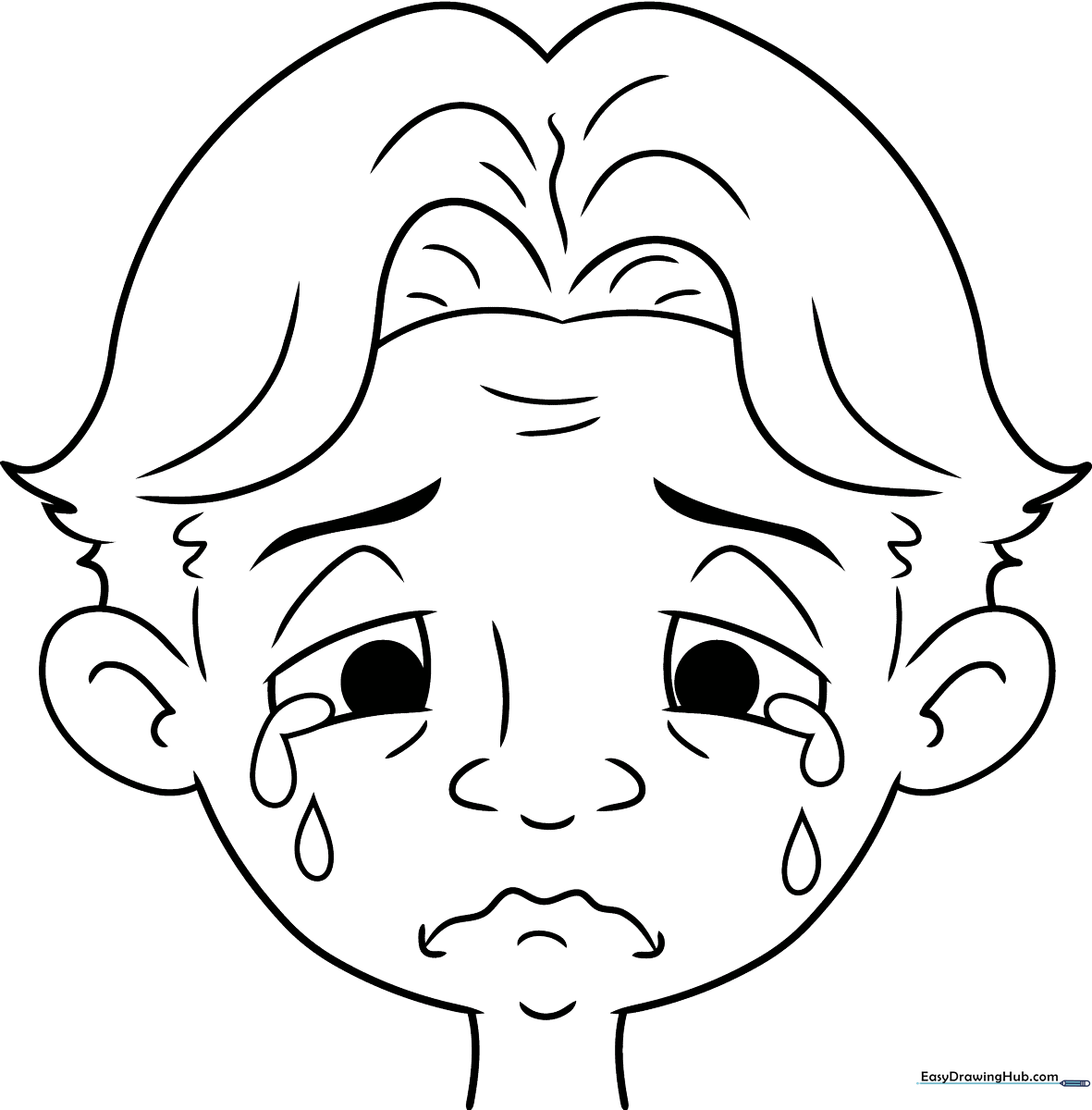 Black and white line art of a face with tears, designed for children to color and practice emotional expression.