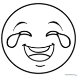 Black and white line art of a laughing emoji with tears streaming from its eyes, designed for children to color.