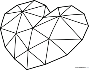 A clean, black-and-white line art illustration of a heart-shaped crystal with geometric facets, ready for children to color.