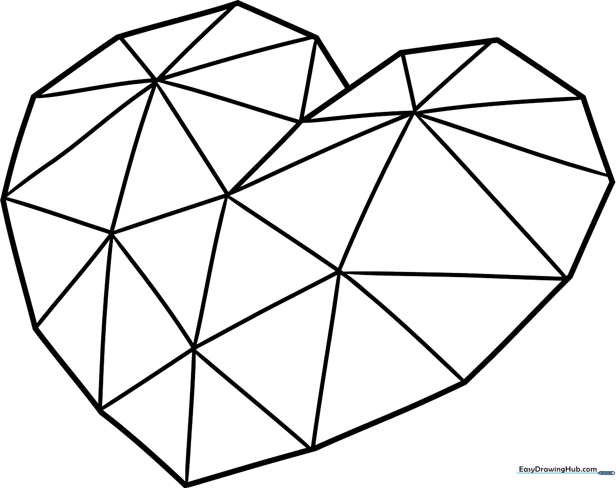 A clean, black-and-white line art illustration of a heart-shaped crystal with geometric facets, ready for children to color.