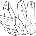 Black and white line art of a faceted crystal cluster ready for coloring, featuring clear geometric shapes and sharp angles.