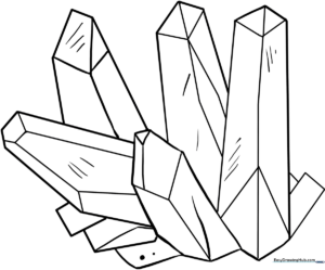 Black and white line art of a faceted crystal cluster ready for coloring, featuring clear geometric shapes and sharp angles.