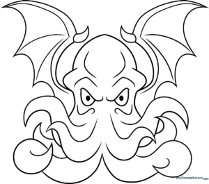 A friendly, cartoon-style Cthulhu character with bold outlines, perfect for children to color with markers or crayons.