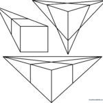Educational coloring sheet showing multiple cubes drawn from various 3D perspectives to teach children about depth and geometric form.