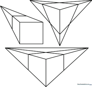 Educational coloring sheet showing multiple cubes drawn from various 3D perspectives to teach children about depth and geometric form.