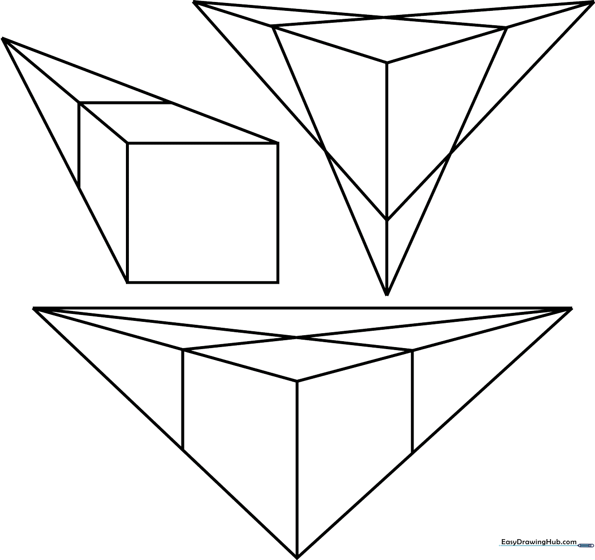 Educational coloring sheet showing multiple cubes drawn from various 3D perspectives to teach children about depth and geometric form.