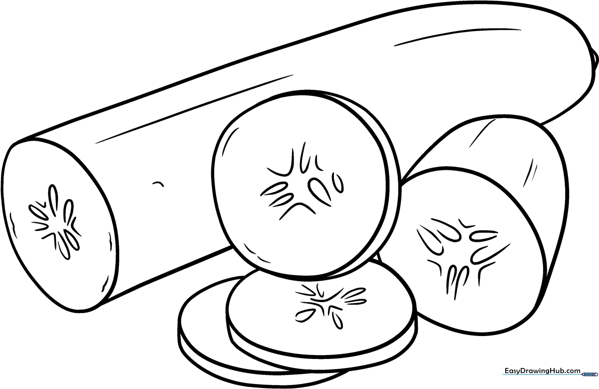 A friendly, cartoon-style cucumber with a smiling face, featuring bold outlines for easy coloring by young children.