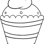 Black and white line art of a decorated cupcake with a cherry on top, designed for children to color with markers or crayons.