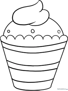 Black and white line art of a decorated cupcake with a cherry on top, designed for children to color with markers or crayons.