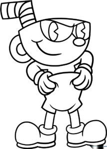 Black and white line art of Cuphead character, featuring his signature cup-shaped head, straw, and expressive face, ready for coloring.