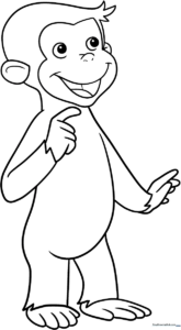 Black and white line art of Curious George smiling, designed for children to color with crayons or markers.