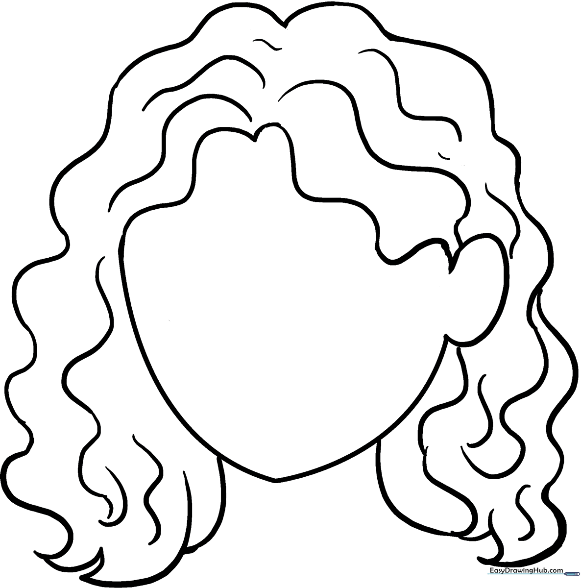Black and white line art of voluminous curly hair with defined ringlets, designed for children to practice coloring within the lines.