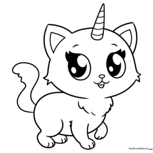 Line art of a sitting cat with a unicorn horn, featuring large expressive eyes and a fluffy tail.