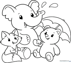 A collection of friendly, cartoon-style animals with bold outlines, designed for children to color with crayons or markers to develop fine motor control.