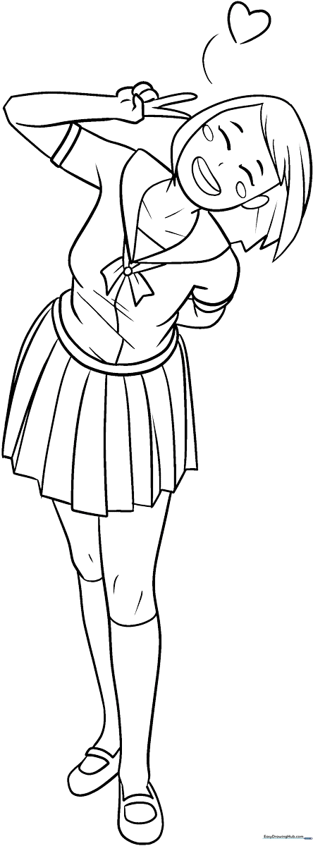 Line art of a cute anime girl with large expressive eyes and stylish hair, designed for children to color with markers or pencils.