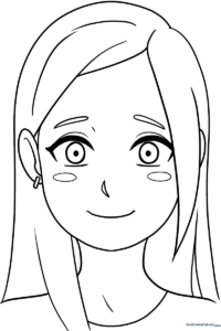 Line art of a cute anime girl with large expressive eyes and flowing hair, ready for coloring with markers or colored pencils.