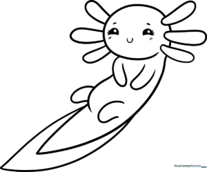 A friendly cartoon axolotl with large eyes and feathery external gills, featuring bold, clean outlines perfect for children to color.
