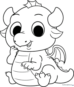 Line art of a friendly baby dragon with large expressive eyes and small wings, ready for children to color with crayons or markers.