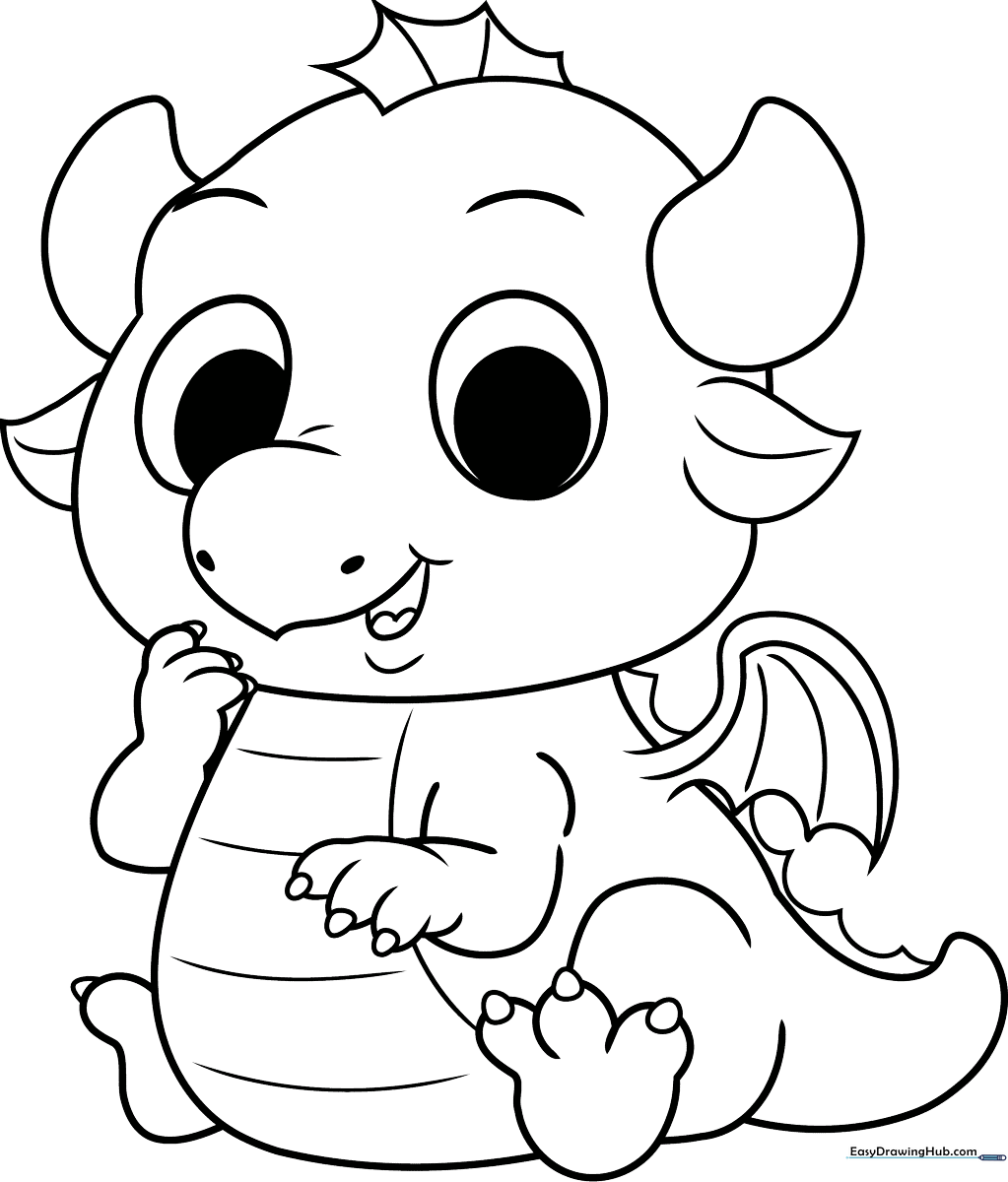 Line art of a friendly baby dragon with large expressive eyes and small wings, ready for children to color with crayons or markers.