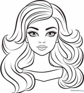 Black and white line art of Barbie with a stylish outfit, featuring clear outlines for easy coloring and artistic practice.