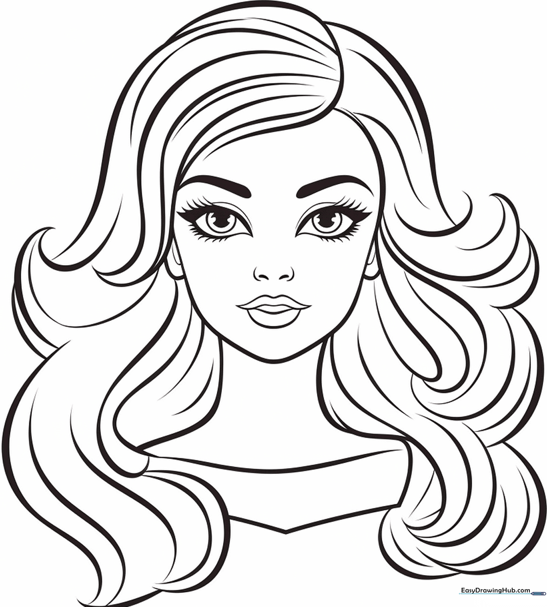 Black and white line art of Barbie with a stylish outfit, featuring clear outlines for easy coloring and artistic practice.