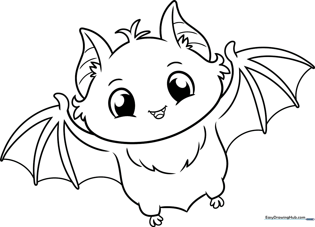 A friendly cartoon bat with large expressive eyes and wide wings, featuring bold outlines for easy coloring by children.