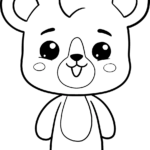 Black and white line art of a smiling cartoon bear sitting, featuring bold outlines for easy coloring by young children.