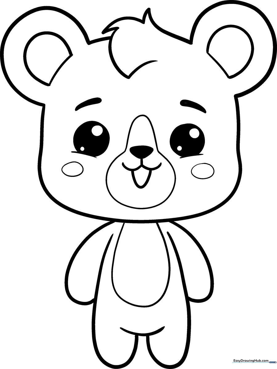 Black and white line art of a smiling cartoon bear sitting, featuring bold outlines for easy coloring by young children.