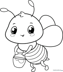 A friendly cartoon bee with large, expressive eyes and striped body, outlined in bold black lines for easy coloring.