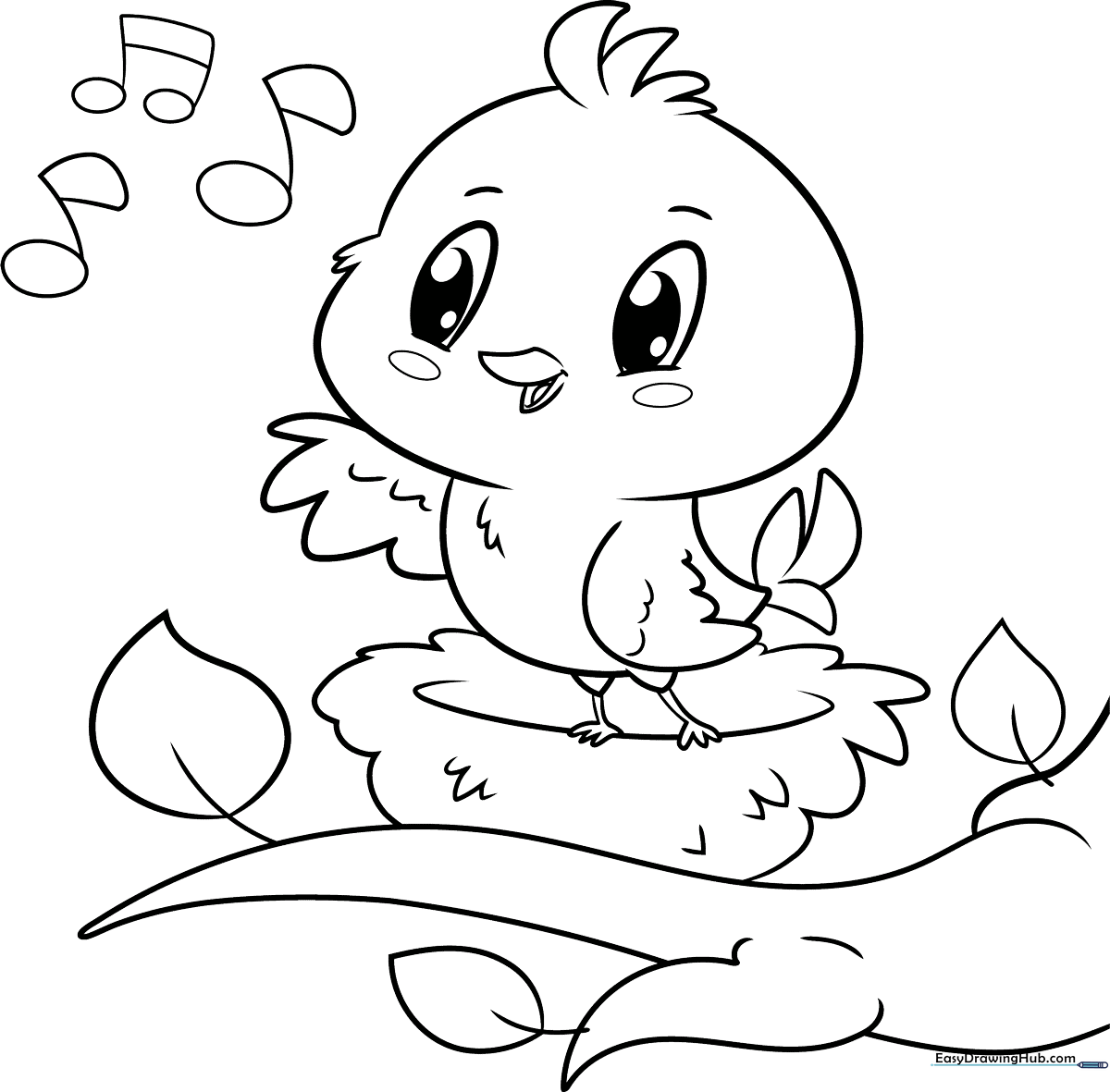 A friendly cartoon bird with large eyes and rounded wings, featuring bold, clean outlines perfect for young children to color.