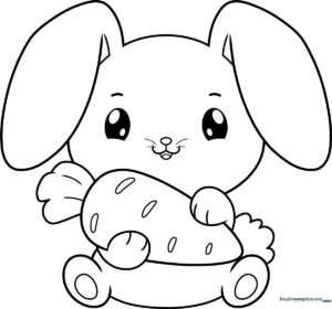 Black and white line art of a friendly cartoon bunny with large ears and a happy expression, designed for children to color.