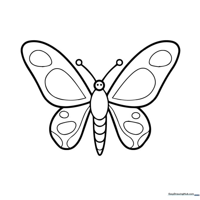 A simple, bold-lined cartoon butterfly with large wings featuring circular patterns, designed for preschool coloring activities.