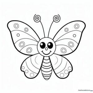 A friendly cartoon butterfly with large, circular spots on its wings, featuring thick outlines perfect for young children to color within the lines.