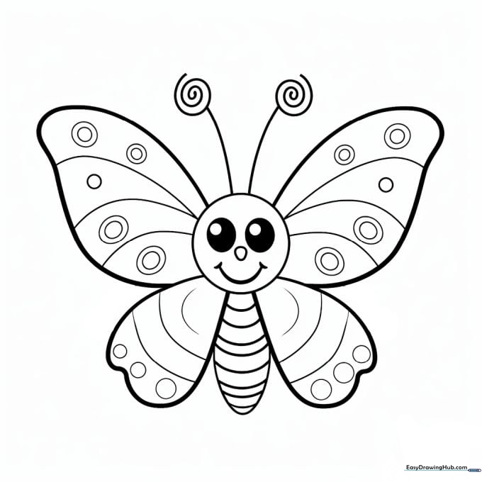 A friendly cartoon butterfly with large, circular spots on its wings, featuring thick outlines perfect for young children to color within the lines.