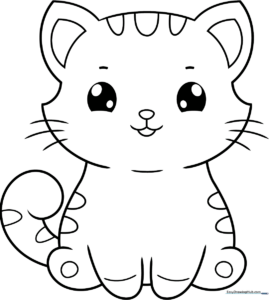 A friendly cartoon cat with large expressive eyes and simple outlines, designed as a coloring activity for children to practice fine motor skills.