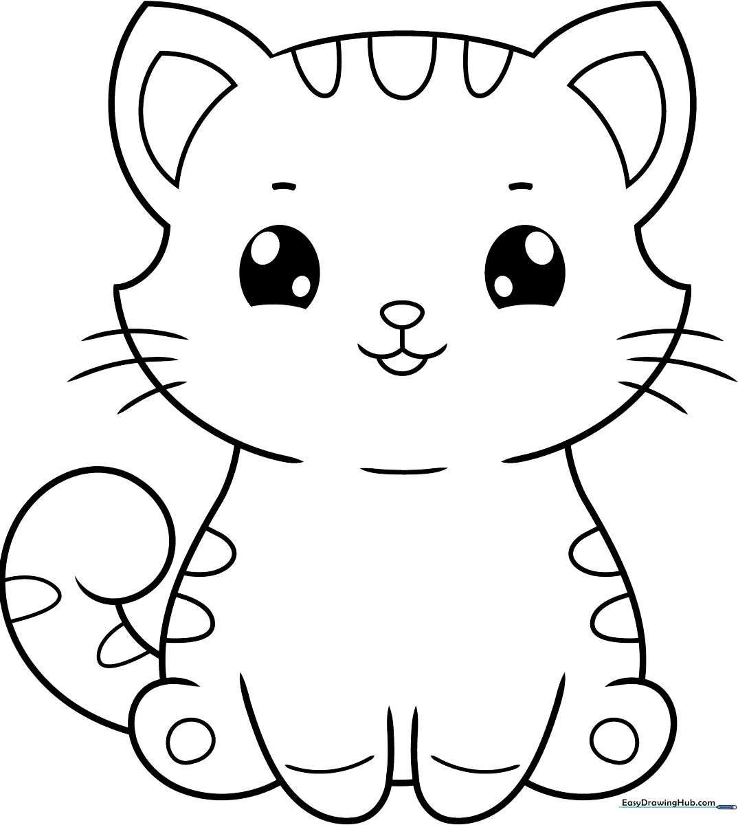 A friendly cartoon cat with large expressive eyes and simple outlines, designed as a coloring activity for children to practice fine motor skills.